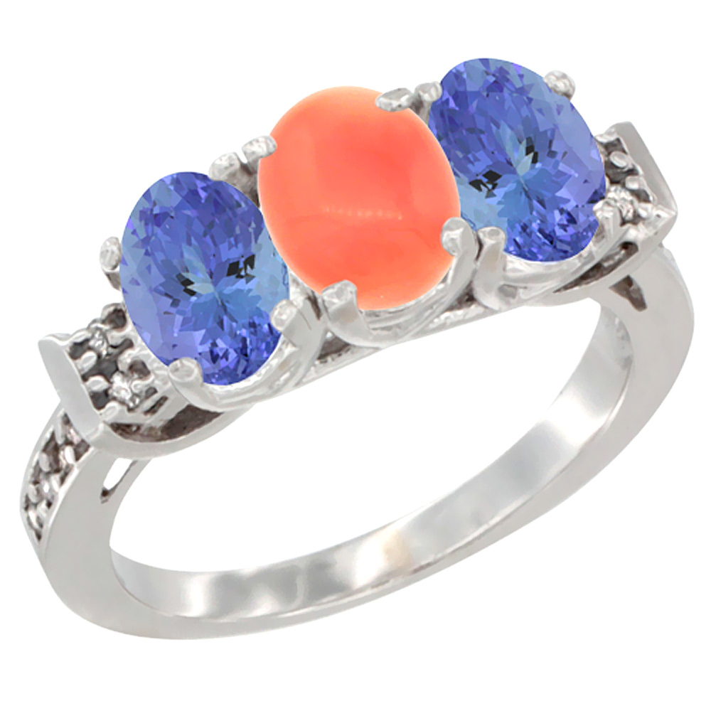 14K White Gold Natural Coral &amp; Tanzanite Ring 3-Stone 7x5 mm Oval Diamond Accent, sizes 5 - 10