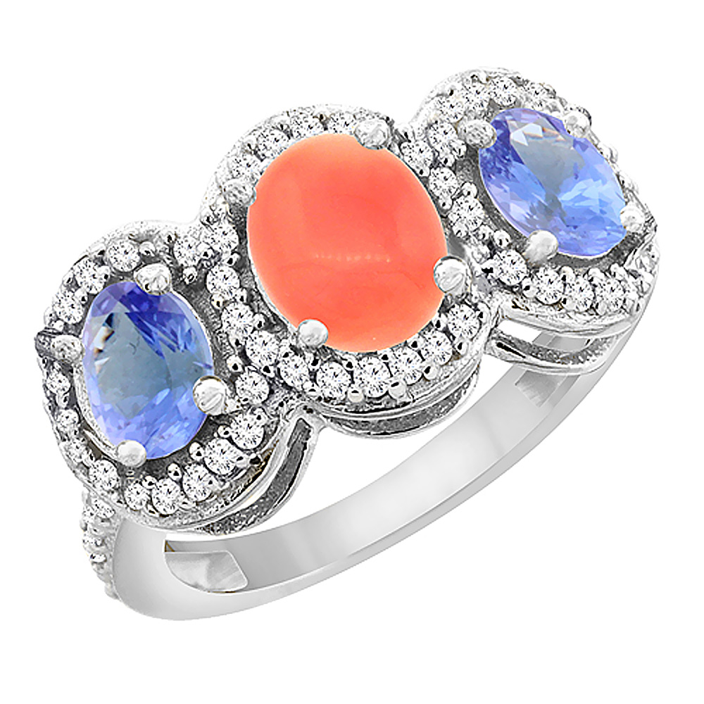 14K White Gold Natural Coral &amp; Tanzanite 3-Stone Ring Oval Diamond Accent, sizes 5 - 10