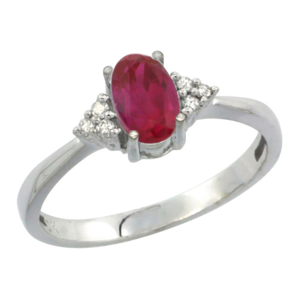 14K White Gold Diamond Natural Quality Ruby Engagement Ring Oval 7x5mm, size 5-10