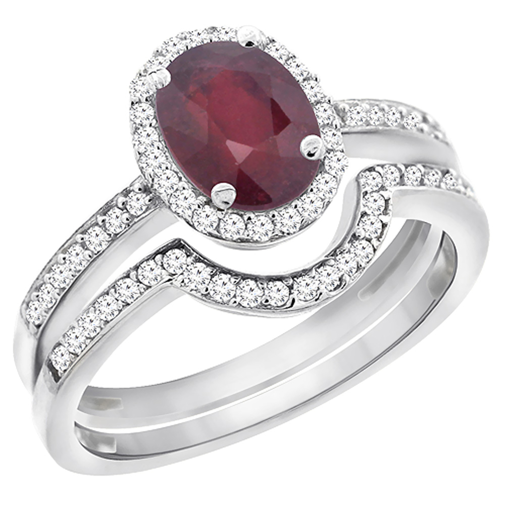 14K White Gold Diamond Natural High Quality Ruby 2-Pc. Engagement Ring Set Oval 8x6 mm, sizes 5 - 10