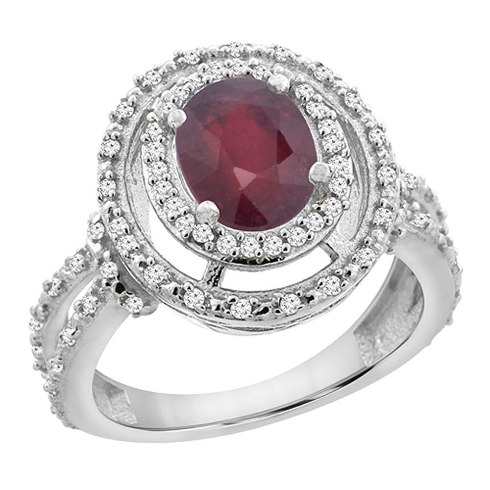10K White Gold Natural Quality Ruby Engagement Ring Oval 8x6 mm Diamond Double Halo, size 5 - 10