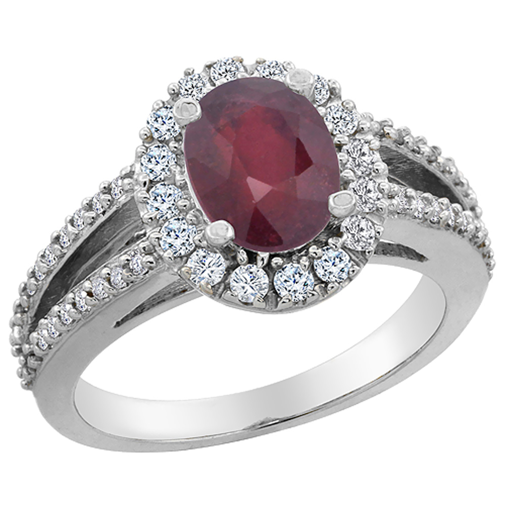 10K White Gold Diamond Natural Quality Ruby Halo Engagement Ring Oval 8x6 mm, size 5 - 10