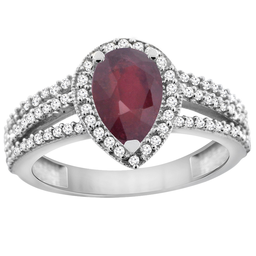 10K White Gold Diamond Halo Natural Quality Ruby Engagement Ring 9x7 Pear Shape, size 5 - 10