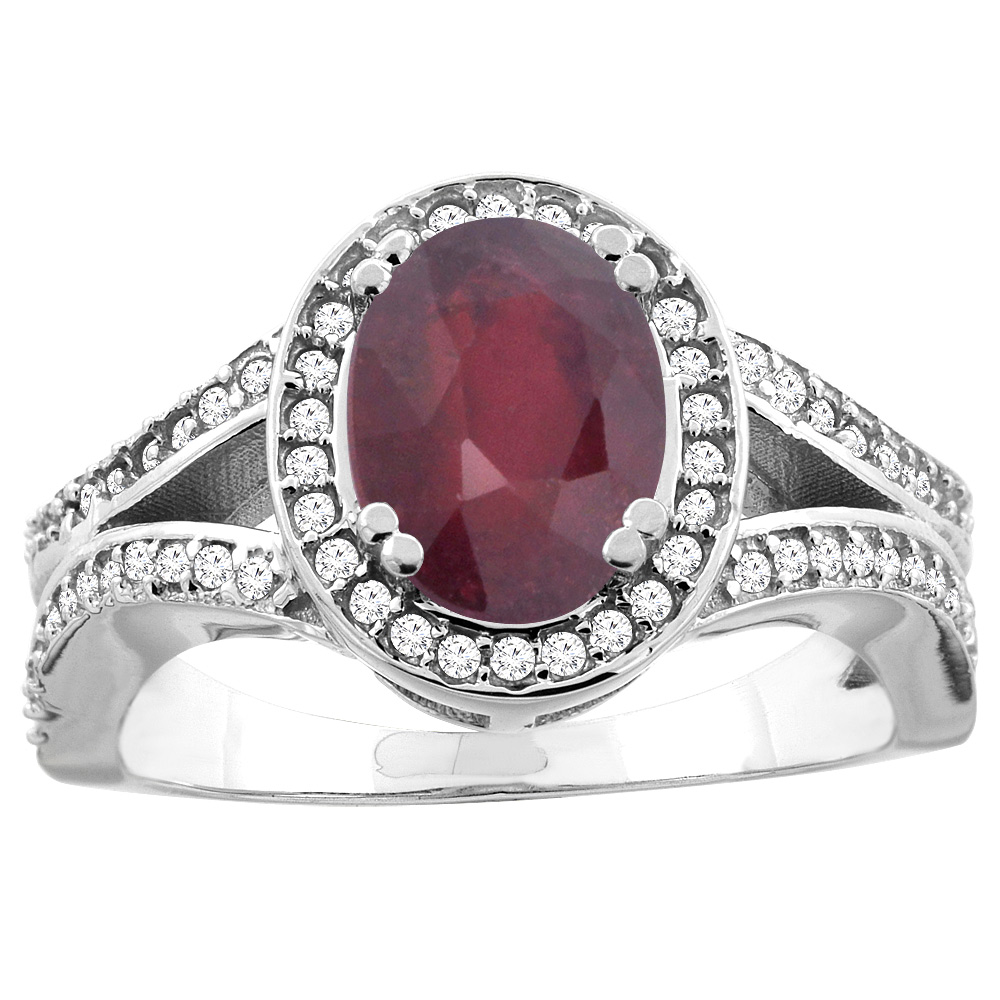 10K White/Yellow Gold Diamond Natural Quality Ruby Split Shank Engagement Ring Oval 8x6mm, size 5 - 10