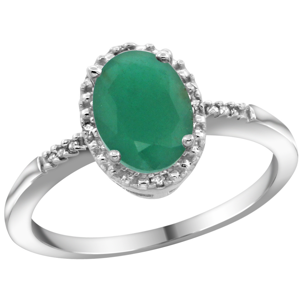 10K White Gold Diamond Quality Natural Emerald Ring Oval 8x6mm, sizes 5-10