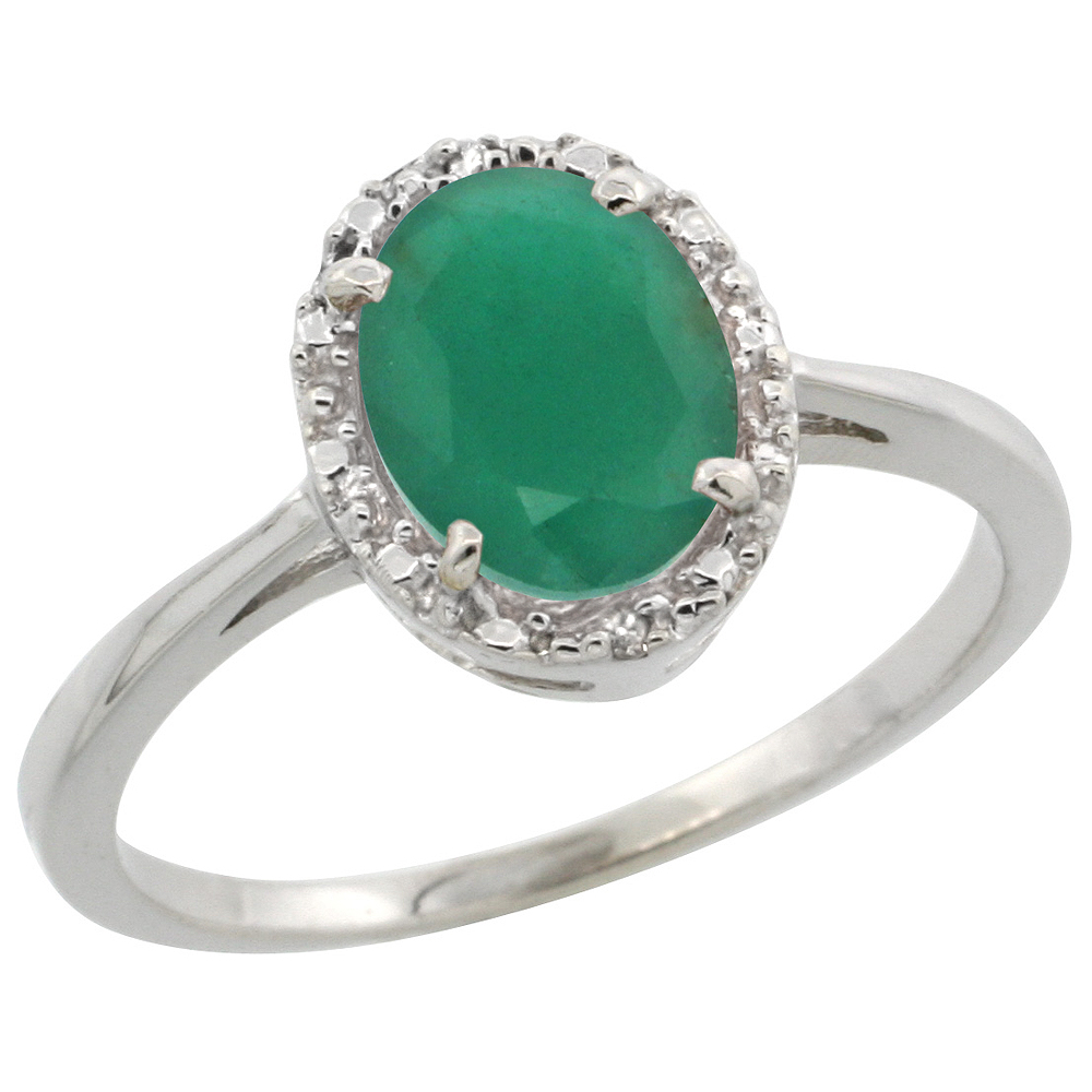 10k White Gold Natural Quality Emerald Engagement Ring Oval 8x6 mm Diamond Halo, size 5-10