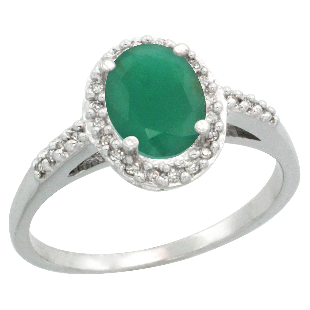 10K White Gold Diamond Natural Quality Emerald Engagement Ring Oval 8x6mm, size 5-10
