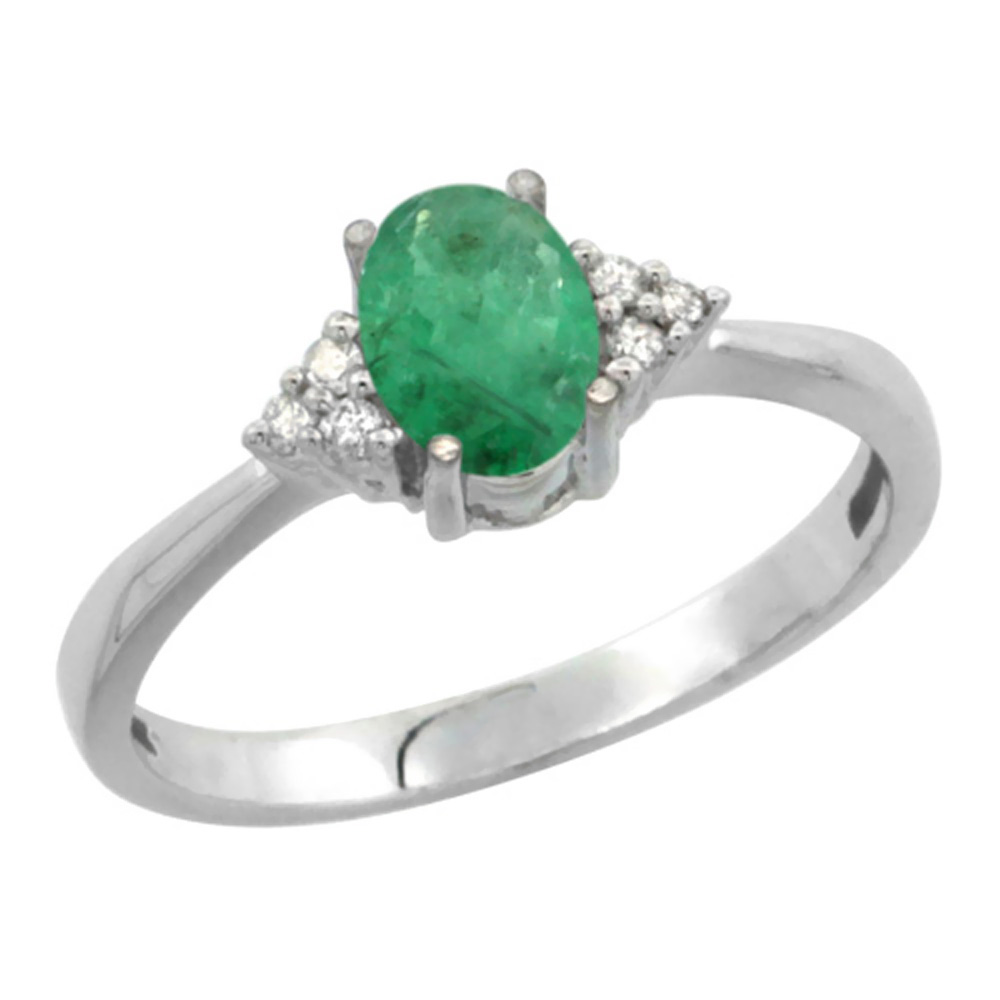 10K White Gold Diamond Natural Quality Emerald Engagement Ring Oval 7x5mm, size 5-10