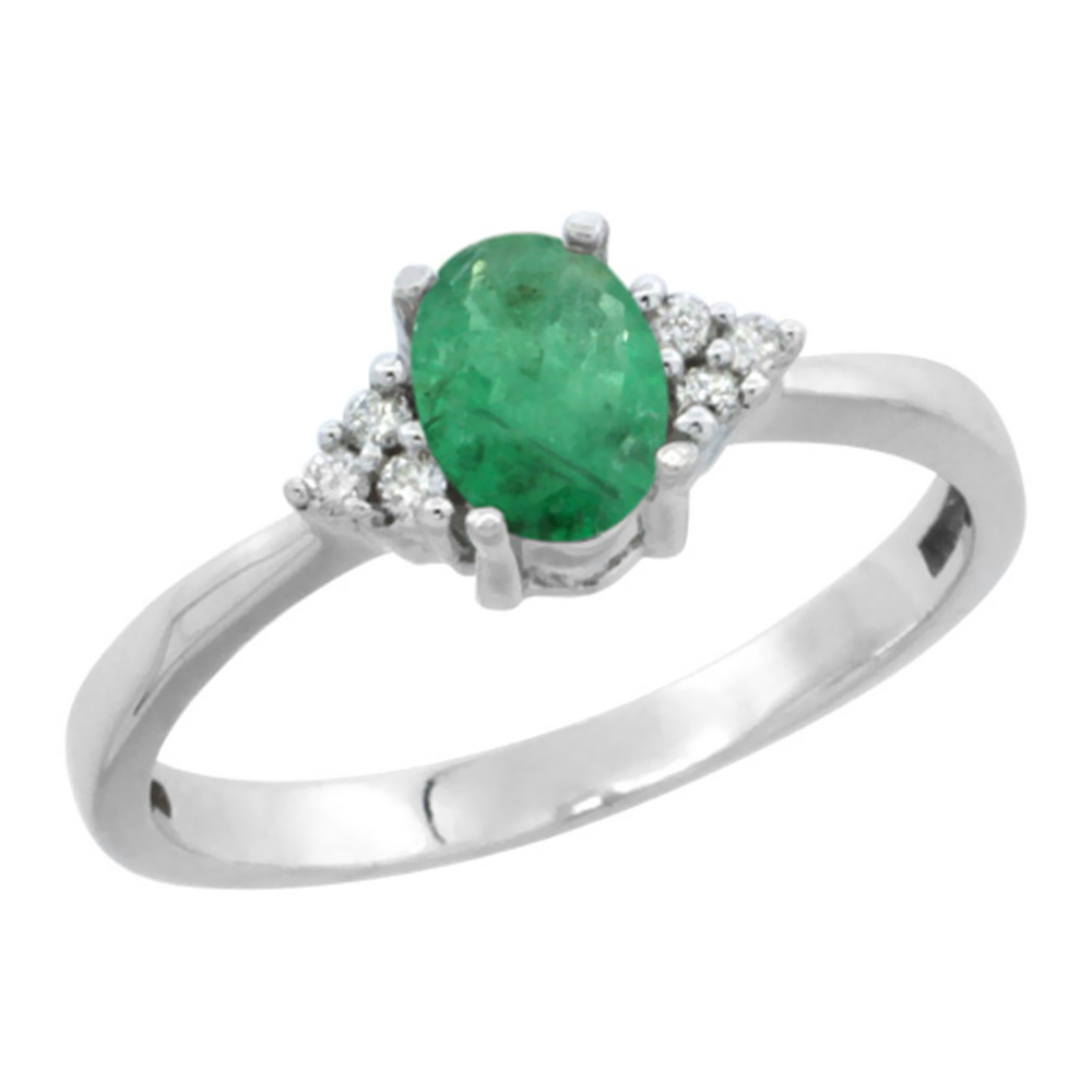 10K White Gold Diamond Natural Quality Emerald Engagement Ring Oval 6x4mm , size 5-10