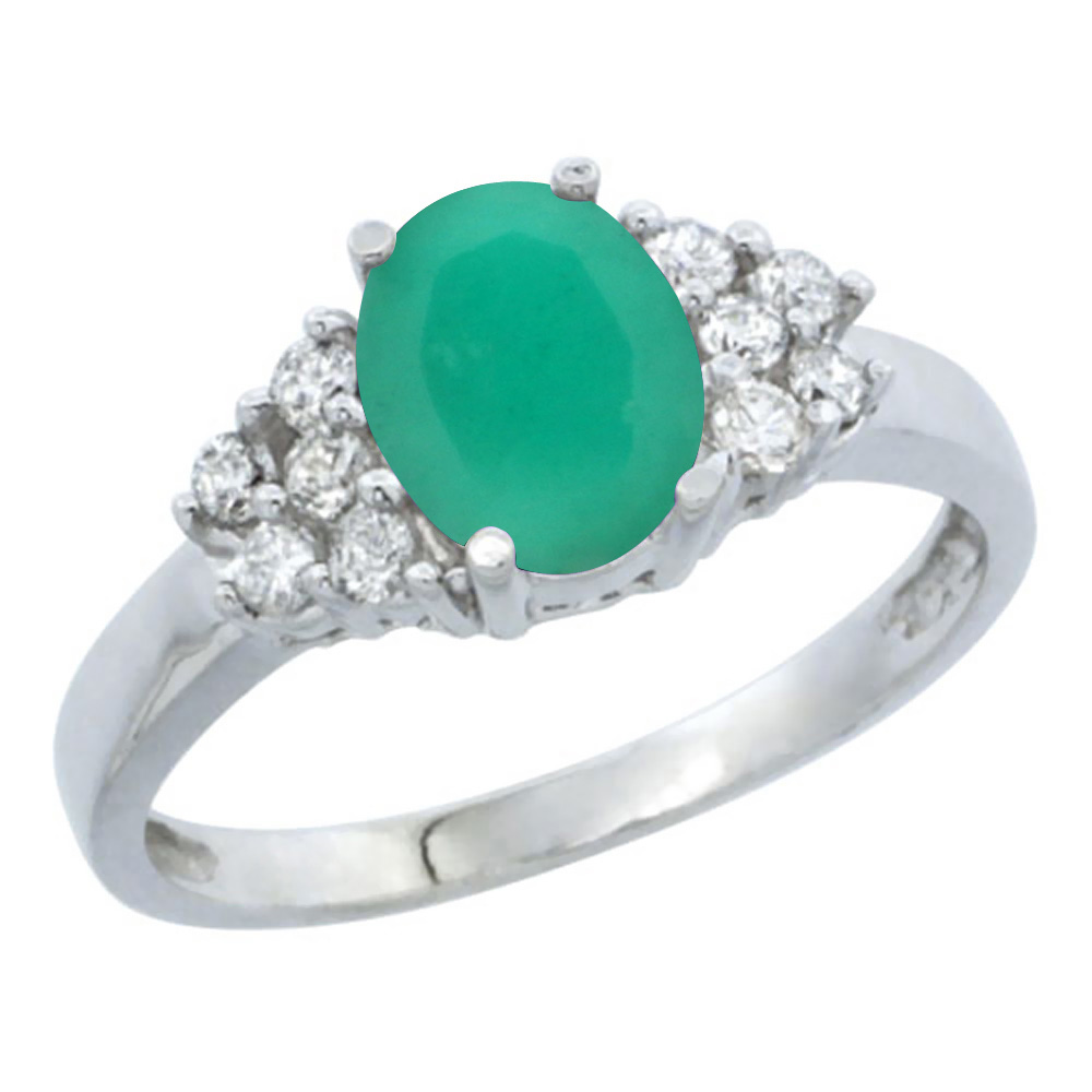 10K White Gold Natural High Quality Emerald Ring Oval 8x6mm Diamond Accent, sizes 5-10
