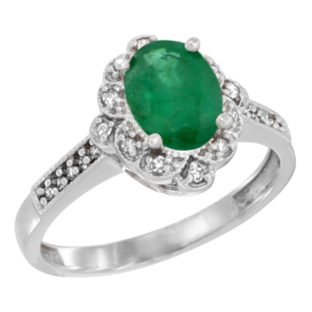 10K White Gold Natural High Quality Emerald Ring Oval 8x6 mm Floral Diamond Halo, sizes 5 - 10