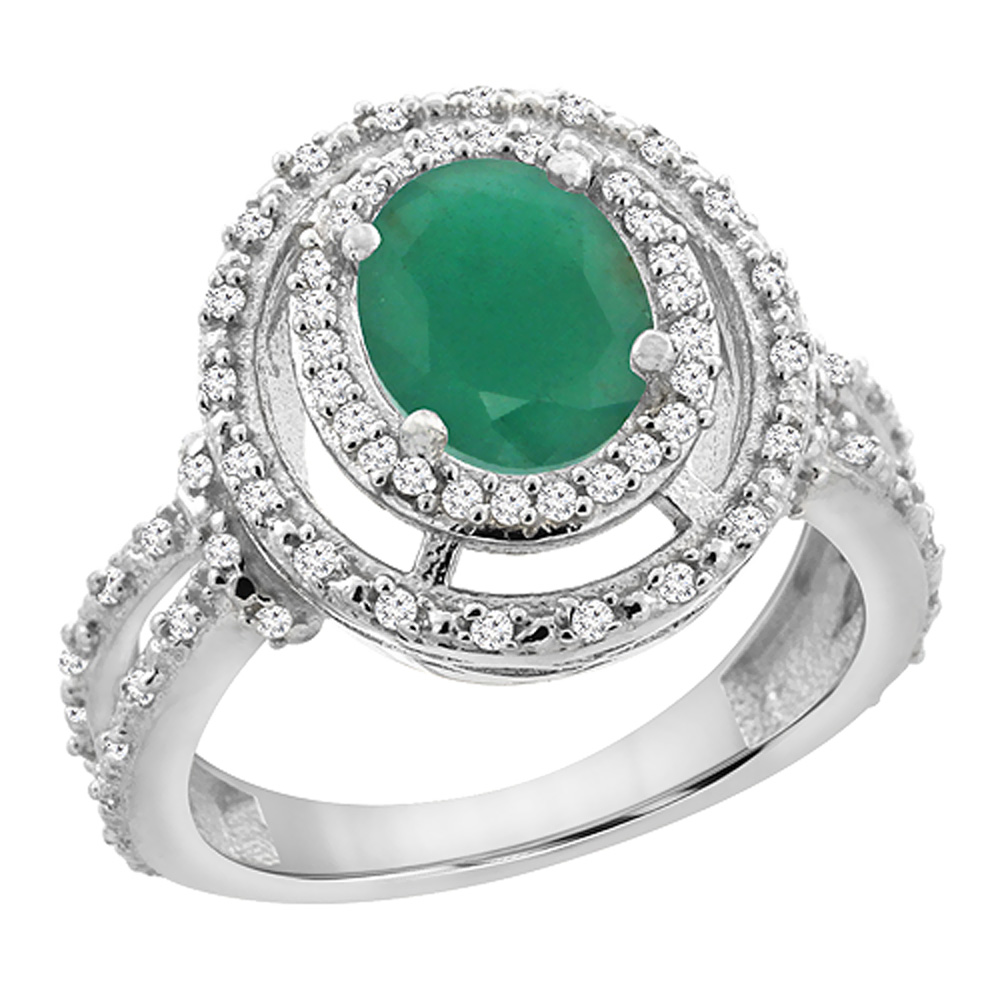 10K White Gold Natural Cabochon Emerald Ring Oval 8x6 mm Double Halo Diamond, sizes 5 - 10
