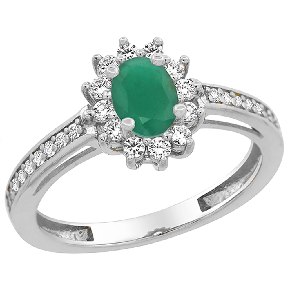 10K White Gold Diamond Flower Halo Natural Quality Emerald Engagement Ring Oval 6x4 mm, size 5 - 10