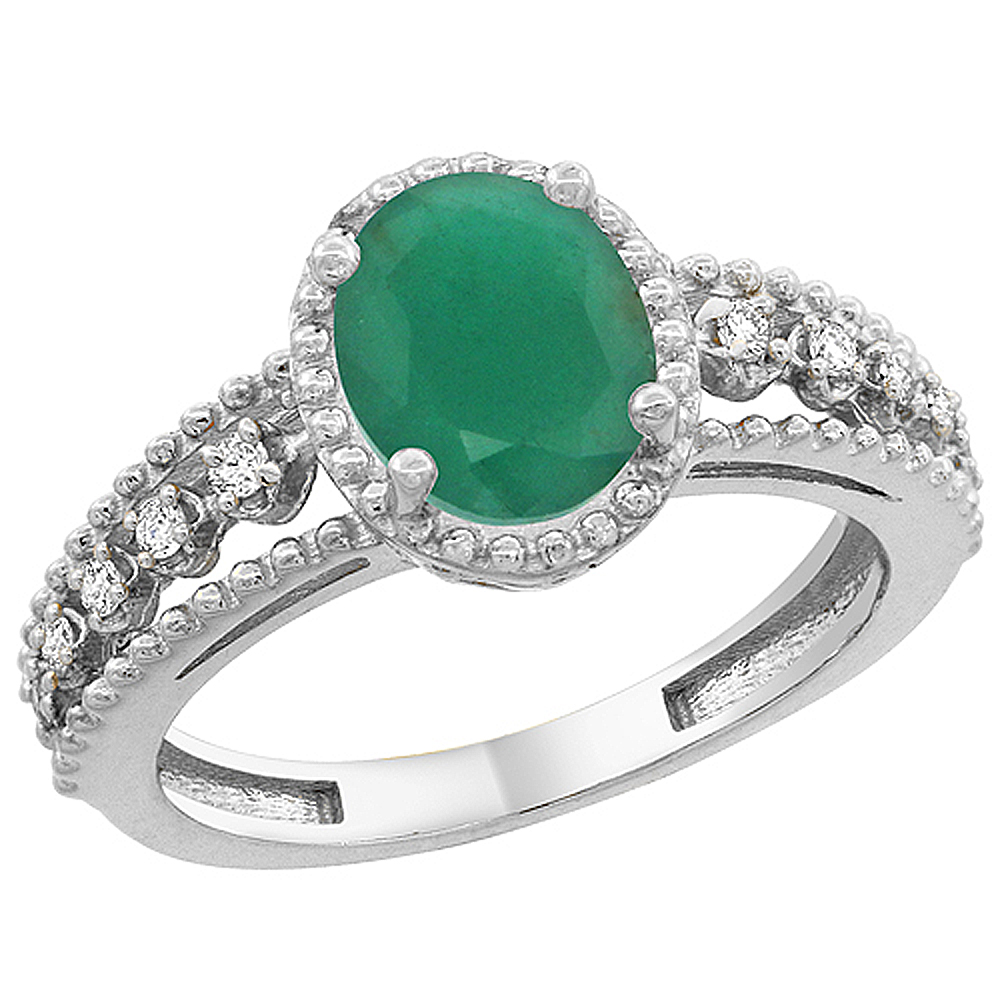 10K White Gold Floating Diamond Natural Quality Emerald Engagement Ring Oval 8x6 mm , size 5 - 10