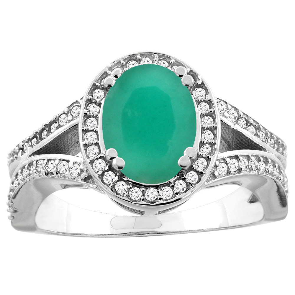 10K White/Yellow Gold Natural Cabochon Emerald Split Ring Oval 8x6mm Diamond Accent, sizes 5 - 10