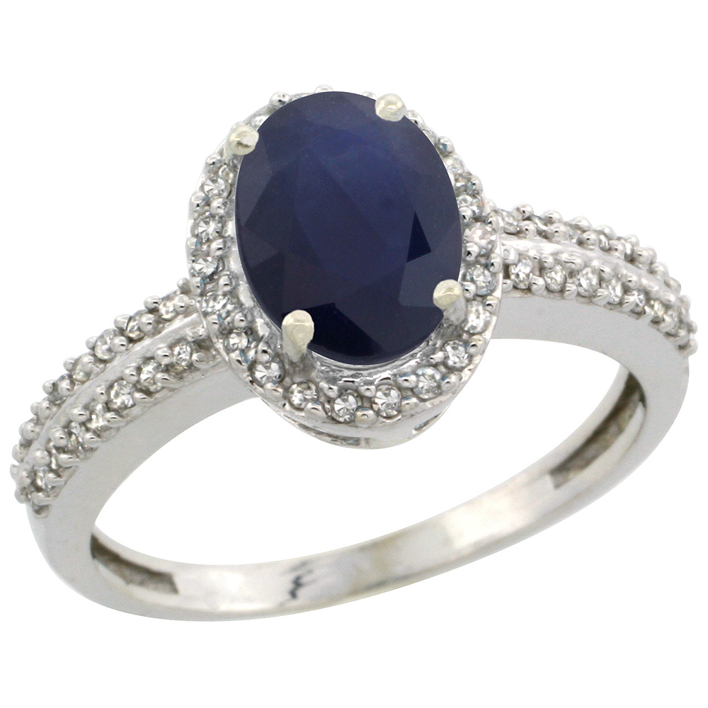 10k White Gold Diamond Halo Natural Quality Blue Sapphire Engagement Ring Oval 8x6mm, size 5-10