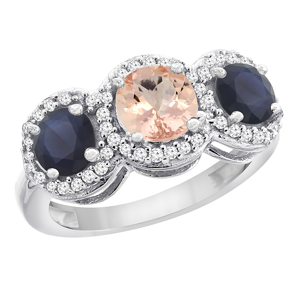 10K White Gold Natural Morganite &amp; High Quality Blue Sapphire Sides Round 3-stone Ring Diamond Accents, sizes 5 - 10