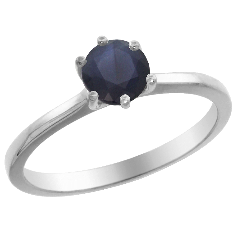 14K White Gold Diamond Natural Quality Blue Sapphire Solitaire Engagement Ring Round 6mm, size 5 - 10