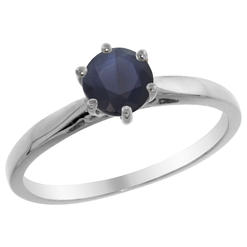 14K White Gold Diamond Natural Quality Blue Sapphire Solitaire Engagement Ring Round 5mm, size 5 - 10