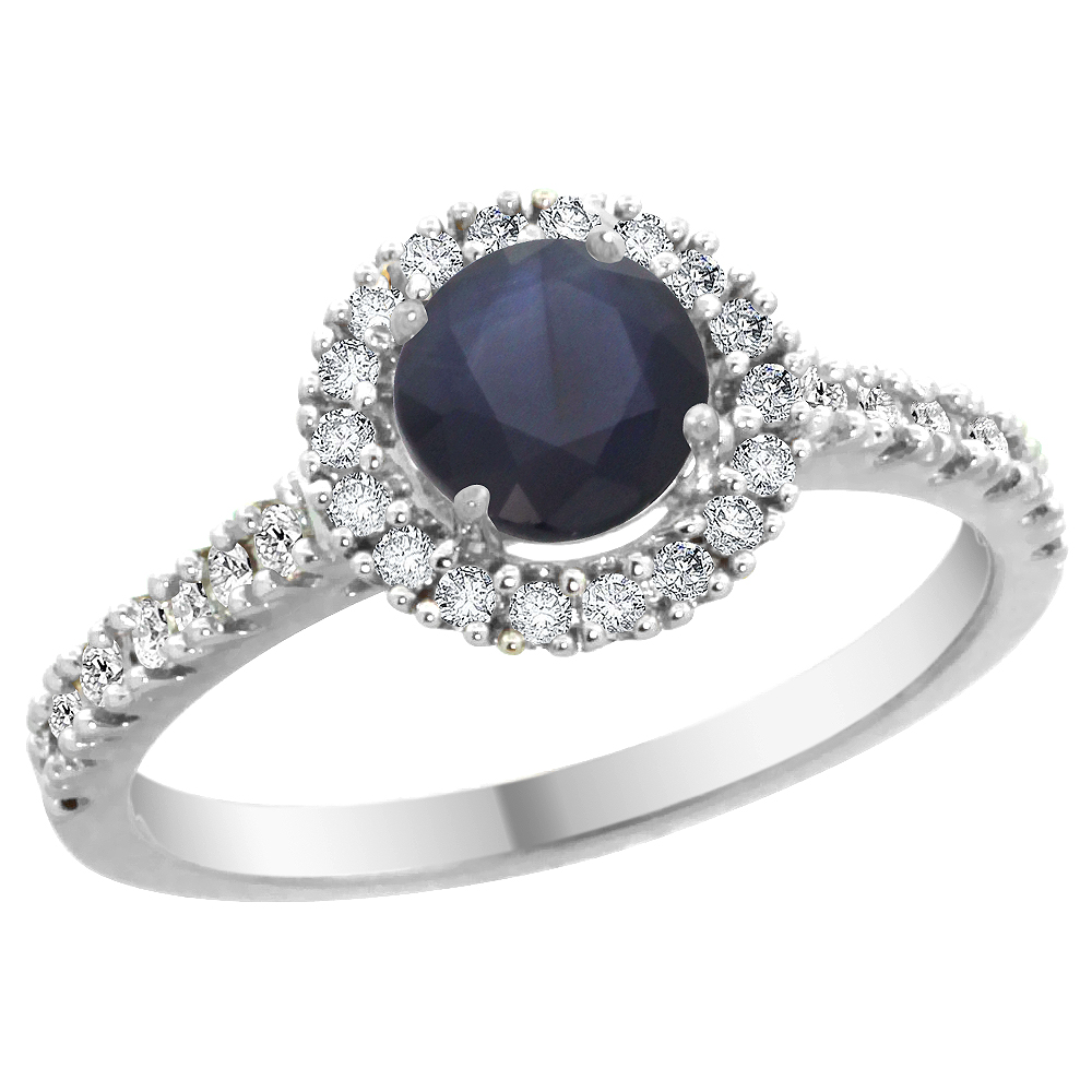 14K White Gold Diamond Halo Natural Quality Blue Sapphire Engagement Ring Round 6mm, size 5 - 10