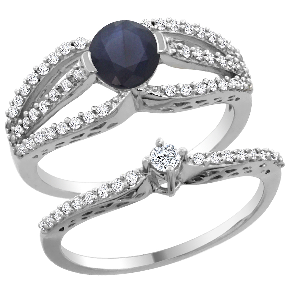 14K White Gold Natural High Quality Blue Sapphire 2-piece Engagement Ring Set Round 5mm, sizes 5 - 10