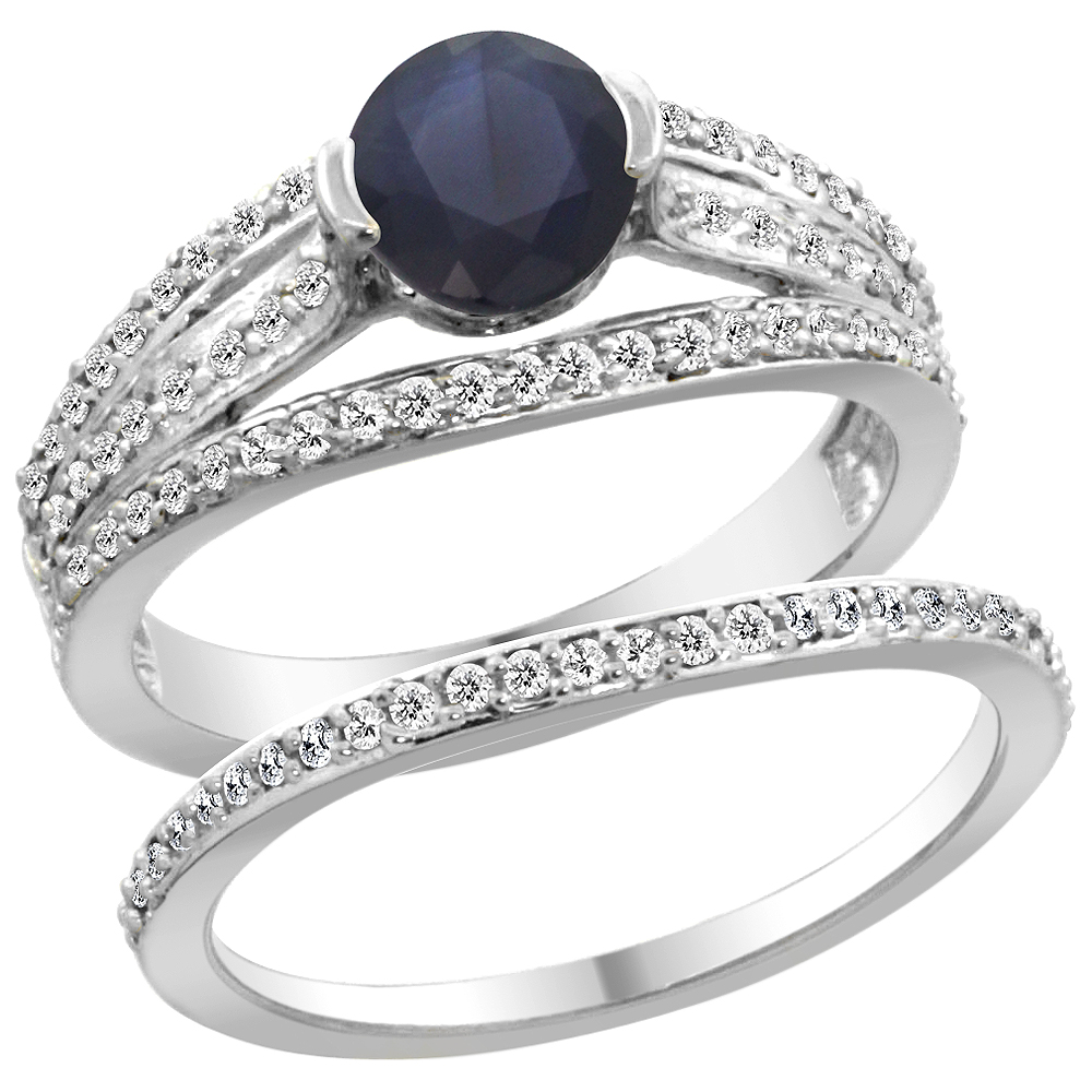 14K White Gold Natural High Quality Blue Sapphire 2-piece Engagement Ring Set Round 6mm, sizes 5 - 10