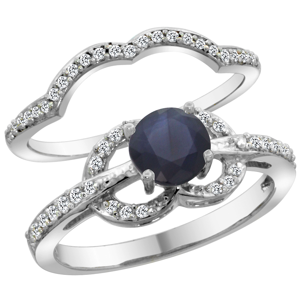 14K White Gold Natural High Quality Blue Sapphire 2-piece Engagement Ring Set Round 6mm, sizes 5 - 10