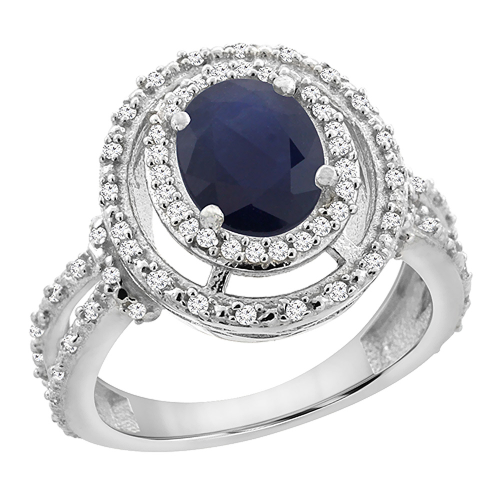 10K White Gold Diamond Double Halo Natural Quality Blue Sapphire Engagement Ring Oval 8x6 mm, size 5 - 10