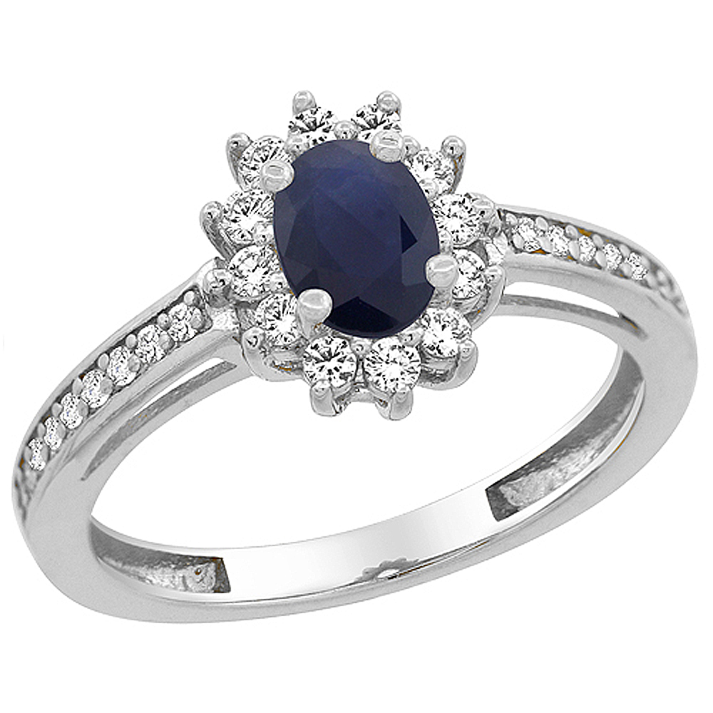 14K White Gold Diamond Floral Halo Natural Quality Blue Sapphire Engagement Ring Oval 6x4mm, size 5 - 10