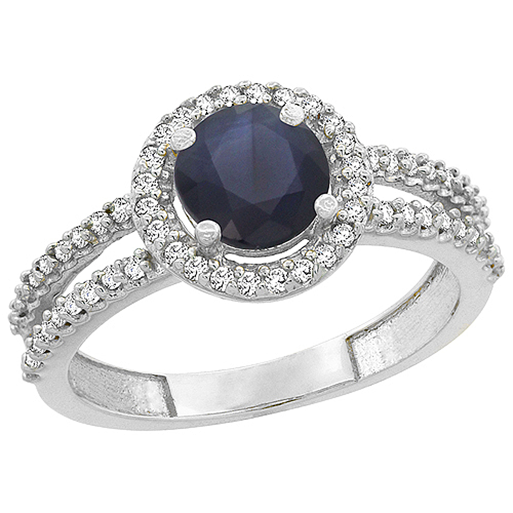 14K White Gold Diamond Halo Natural Quality Blue Sapphire Engagement Ring Round 6mm, size 5 - 10