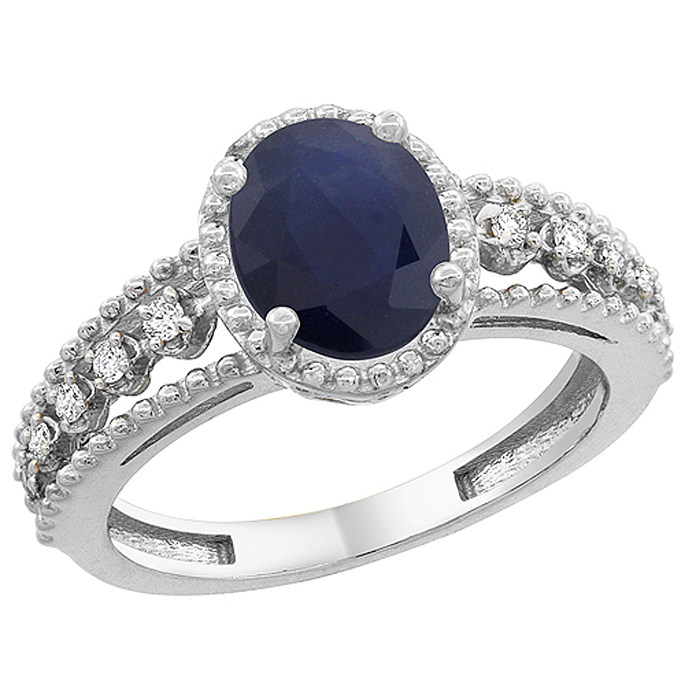 14K White Gold Floating Diamond Natural Quality Blue Sapphire Engagement Ring Oval 8x6 mm, size 5 - 10