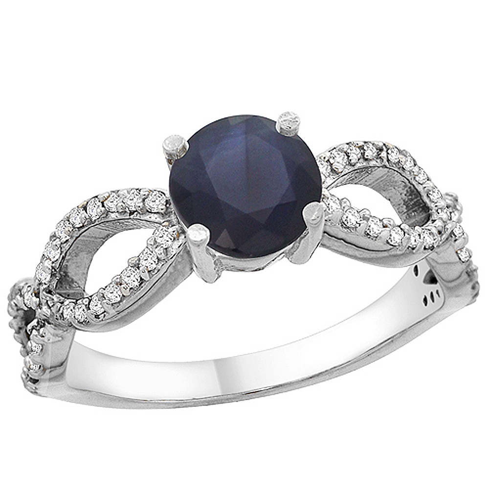 10K White Gold Diamond Natural Quality Blue Sapphire Infinity Engagement Ring Round 6mm, size 5 - 10