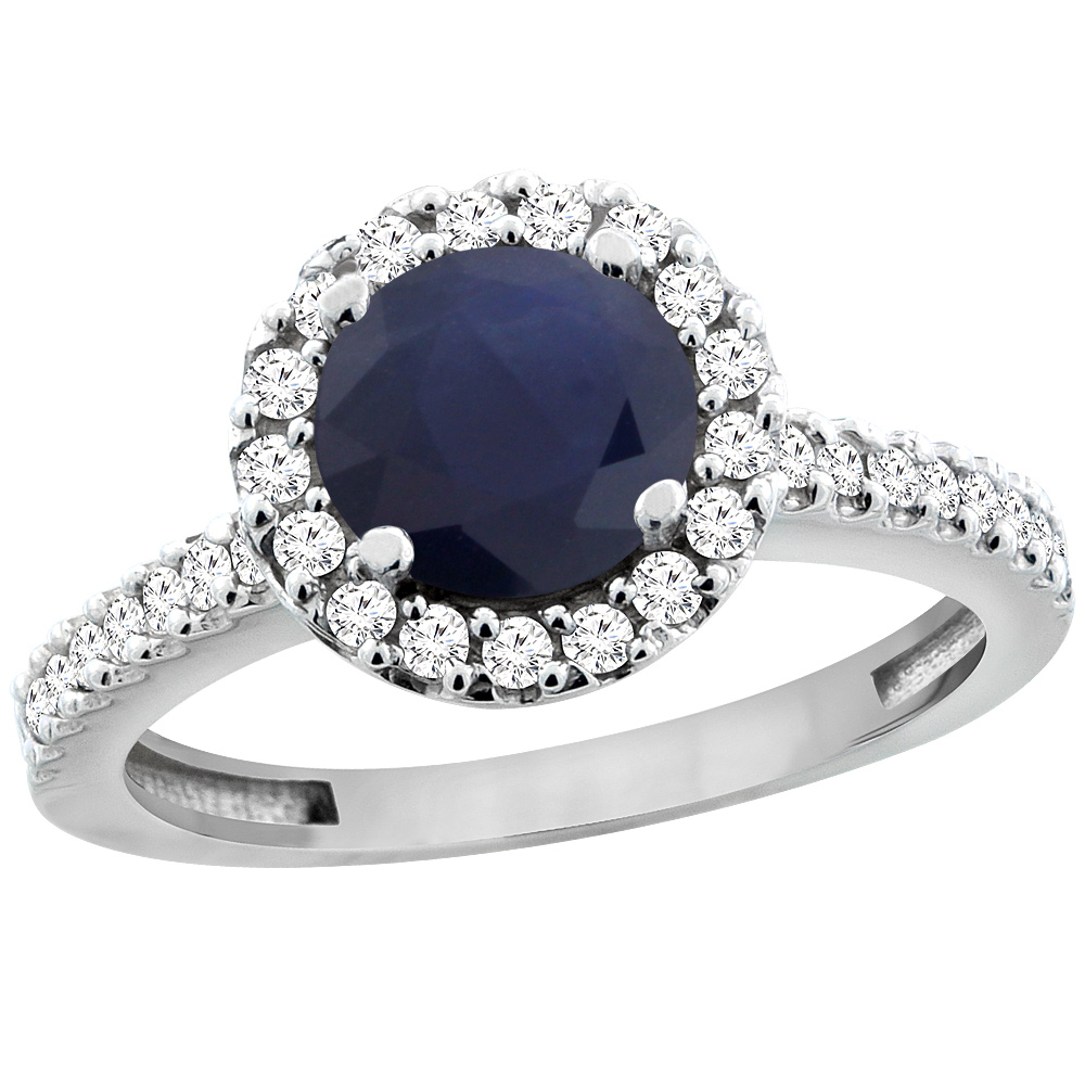 10K White Gold Diamond Halo Natural Quality Blue Sapphire Engagement Ring Round 6mm, size 5 - 10