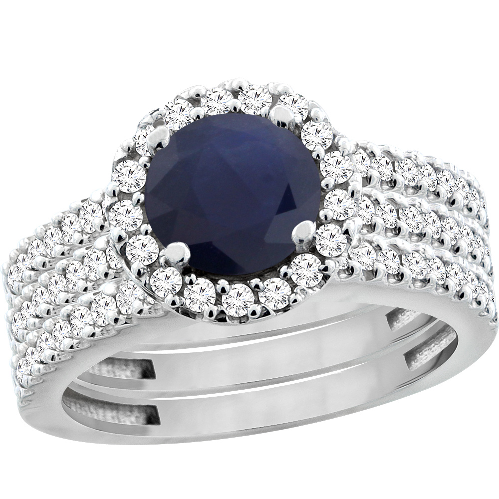 14K White Gold Diamond Halo Natural Quality Blue Sapphire 3pc Bridal Engagement Ring Set Round 6mm,sz5-10