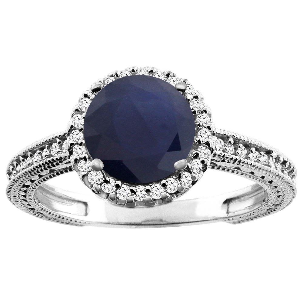 10K White/Yellow/Rose Gold Diamond Natural Quality Blue Sapphire Engagement Ring Round 7mm, size 5 - 10