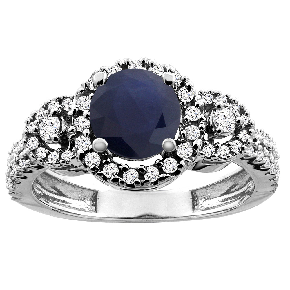 14K White/Yellow Gold Diamond Diamond Halo Natural Quality Blue Sapphire Engagement Ring Round 6mm,sz5-10