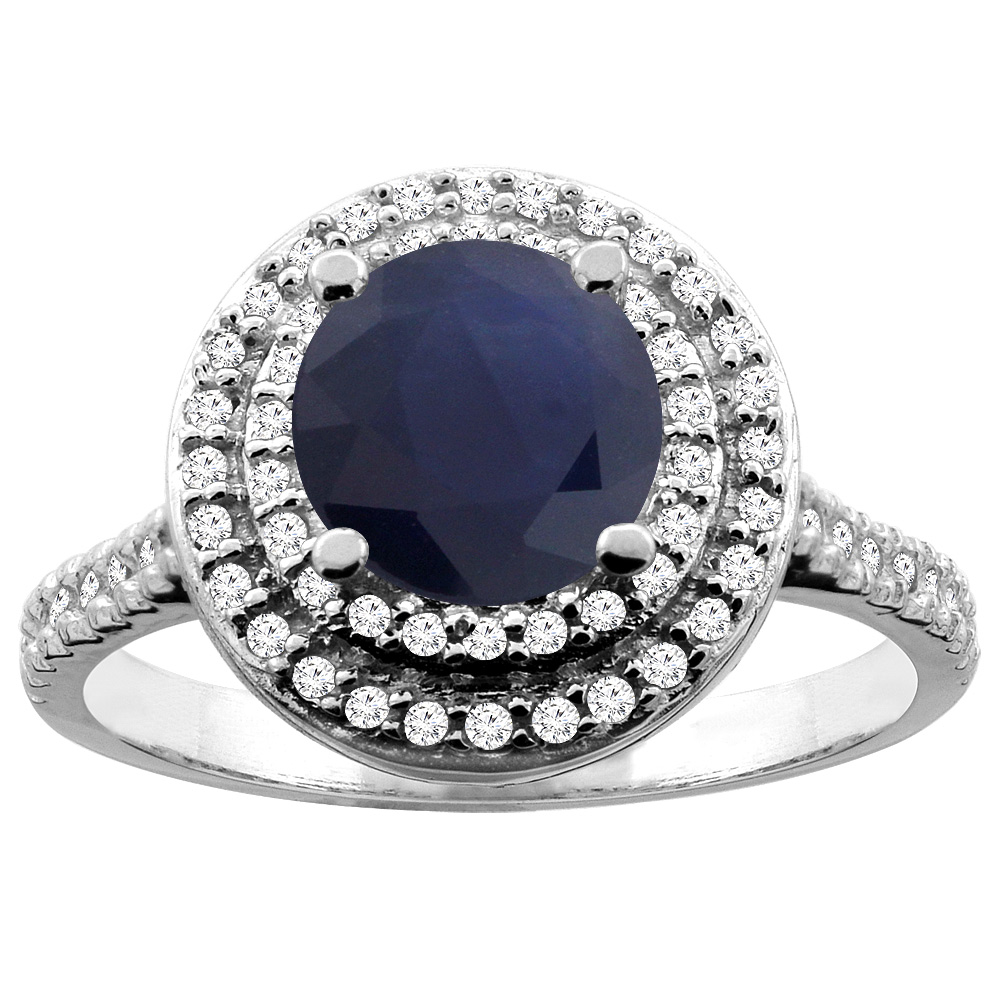 10K White/Yellow Gold Natural High Quality Blue Sapphire Double Halo Ring Round 7mm Diamond Accent, sizes 5 - 10
