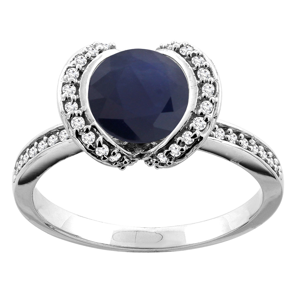14K White/Yellow Gold Natural High Quality Blue Sapphire Ring Round 7mm Diamond Accent, sizes 5 - 10