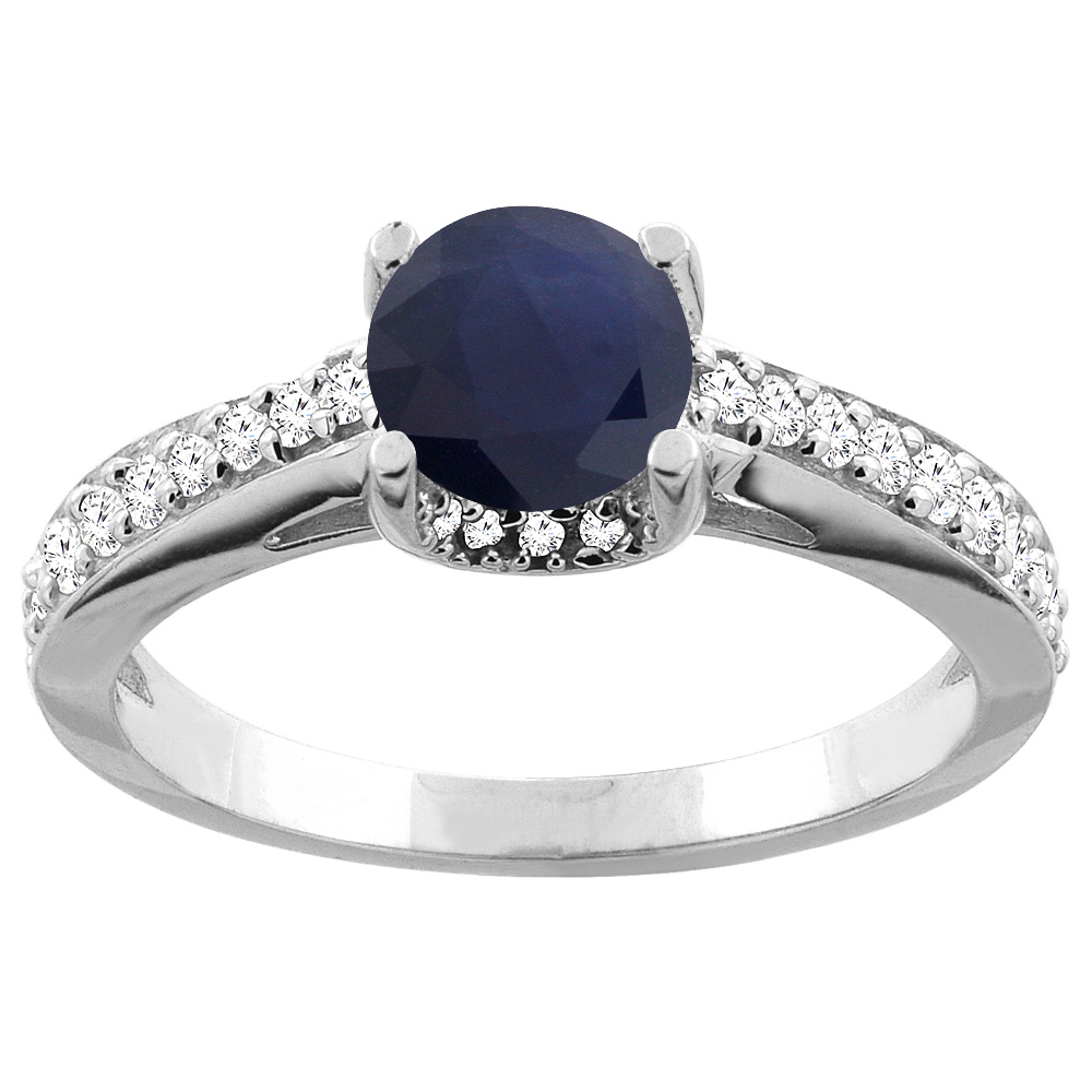 10K Yellow Gold Natural High Quality Blue Sapphire Ring Round 6mm Diamond Accents 1/4 inch wide, sizes 5 - 10