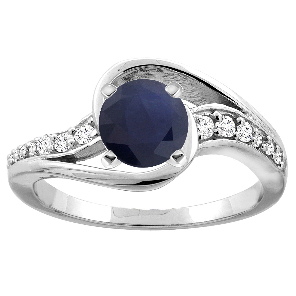 10K White/Yellow Gold Natural High Quality Blue Sapphire Bypass Ring Round 6mm Diamond Accent, sizes 5 - 10