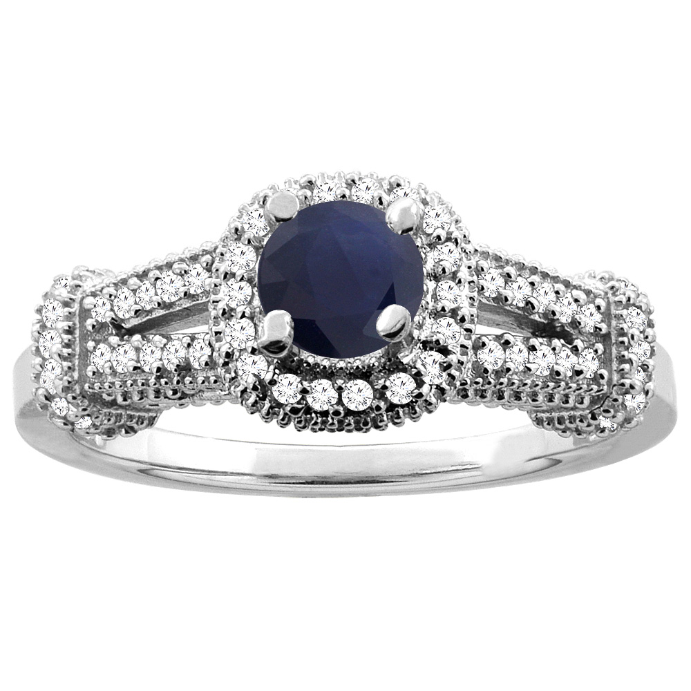 14K White Gold Natural High Quality Blue Sapphire Engagement Halo Ring Round 5mm Diamond Accents, sizes 5 - 10