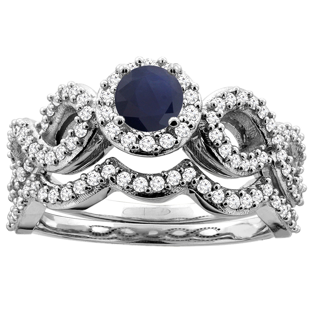 14K White Gold Natural High Quality Blue Sapphire Engagement Halo Ring Round 5mm Diamond 2-piece Accents, sizes 5 - 10