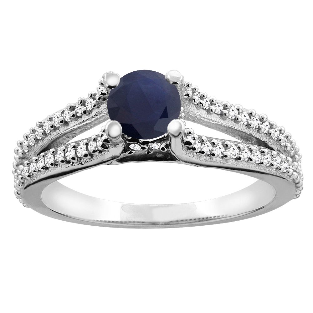 10K White Gold Natural High Quality Blue Sapphire Engagement Split Shank Ring Round 5mm Diamond Accents, sizes 5 - 10