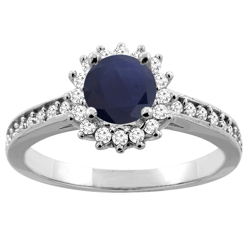 14K Gold Natural High Quality Blue Sapphire Floral Halo Diamond Engagement Ring Round 6mm, sizes 5 - 10