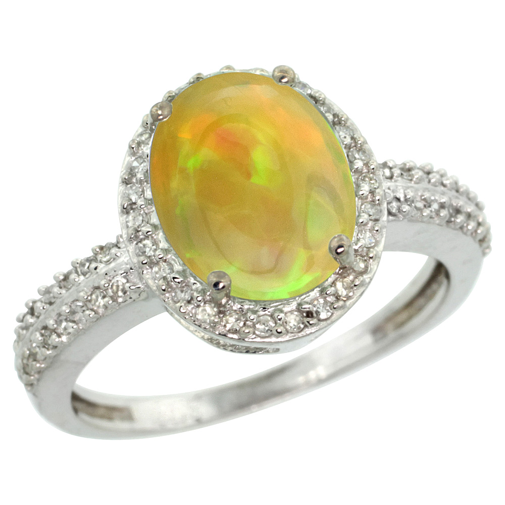 Sterling Silver Diamond Natural Ethiopian Opal Engagement Ring Oval 10x8 mm, size 5-10
