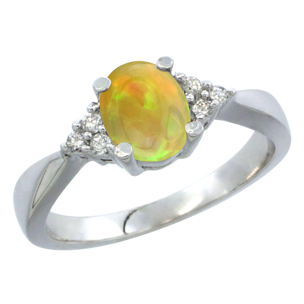 14K White Gold Diamond Natural Ethiopian Opal Engagement Ring Oval 7x5mm, size 5-10