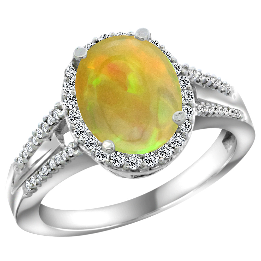10K White Gold Diamond Natural Ethiopian Opal Engagement Ring Oval 10x8mm, size 5-10