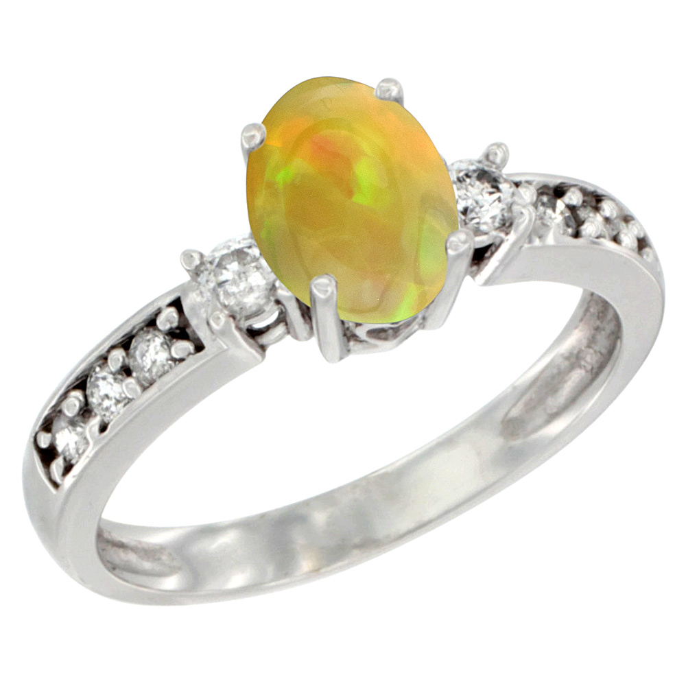 10k White Gold Diamond Natural Ethiopian Opal Engagement Ring Oval 7x5 mm, size 5 - 10