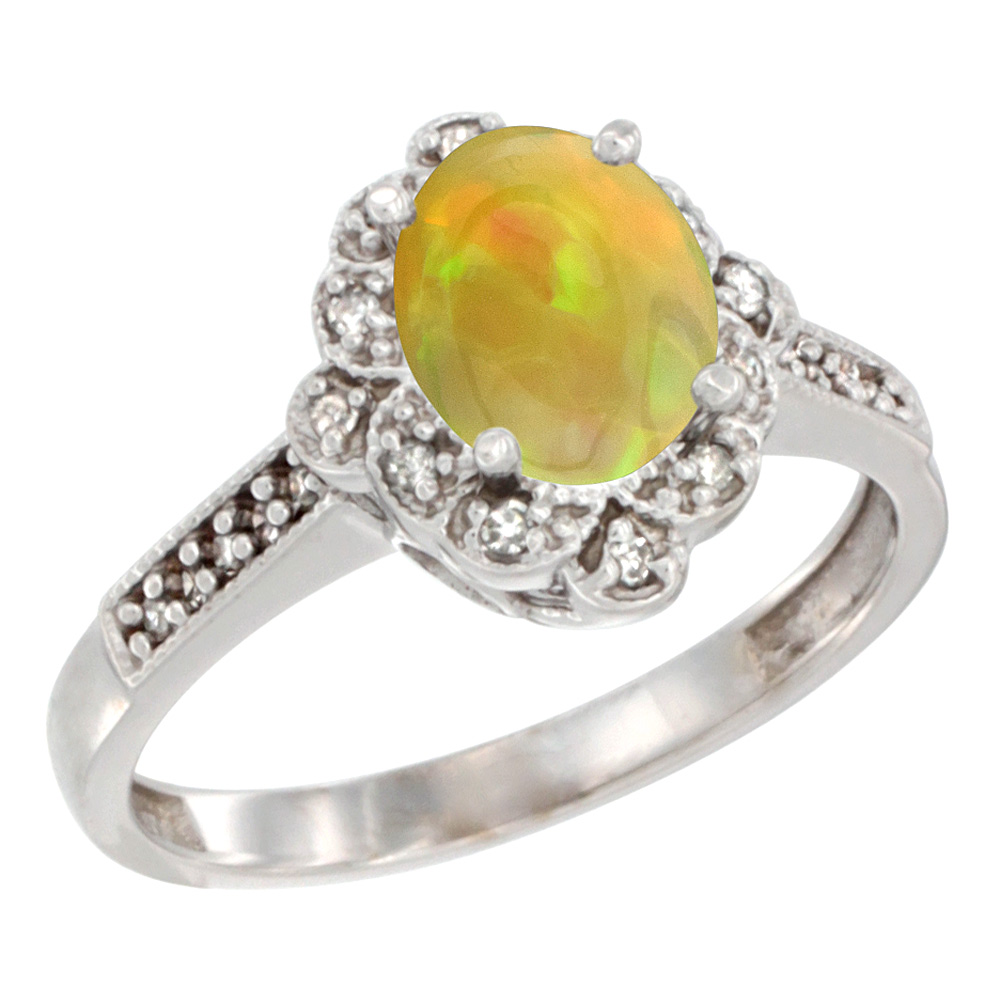 14K Yellow Gold Diamond Natural Ethiopian Opal Engagement Ring Oval 8x6 mm, size 5 - 10