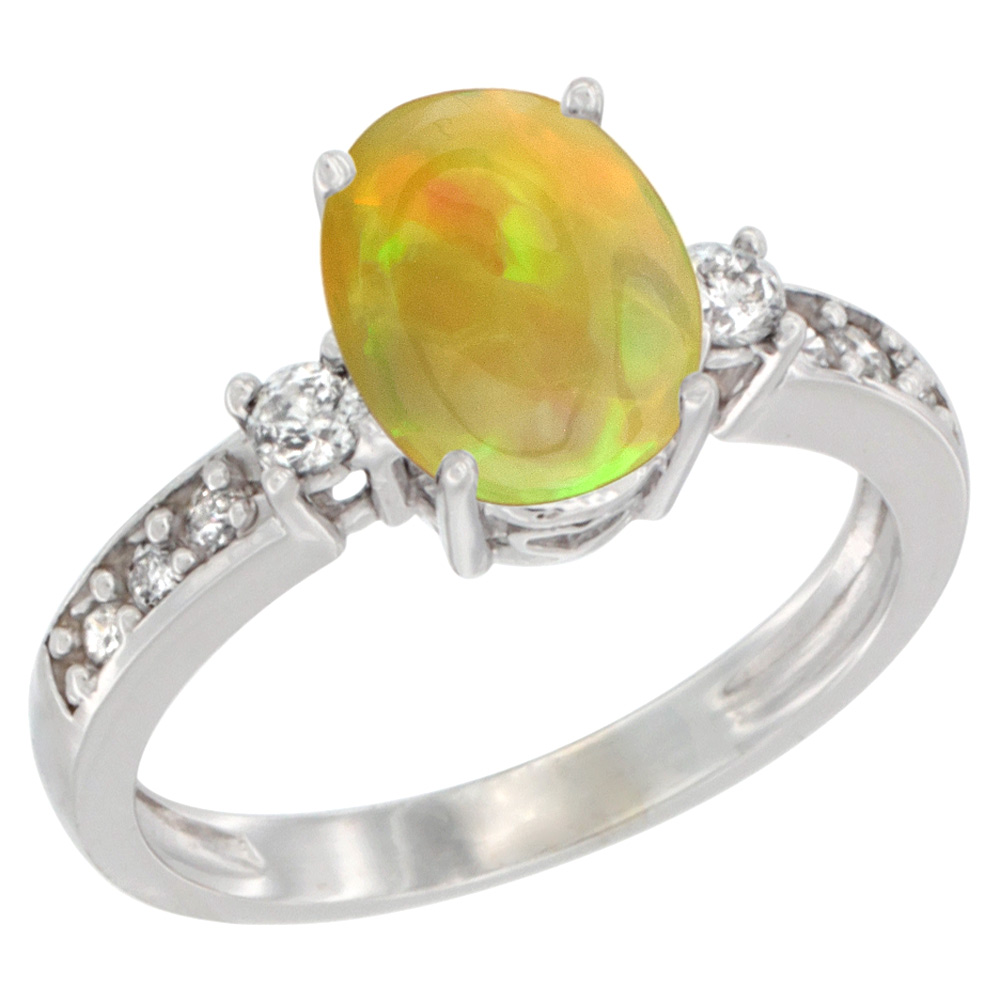 10K White Gold Diamond Natural Ethiopian Opal Engagement Ring Oval 9x7 mm, size 5 - 10